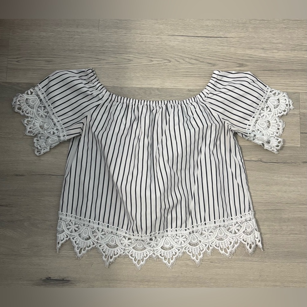 Ambiance White Blouse with Black Stripes and Lace Trim